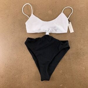 Lovers + Friends Womens Trikini Swimsuit White Black Color Block High Leg S New